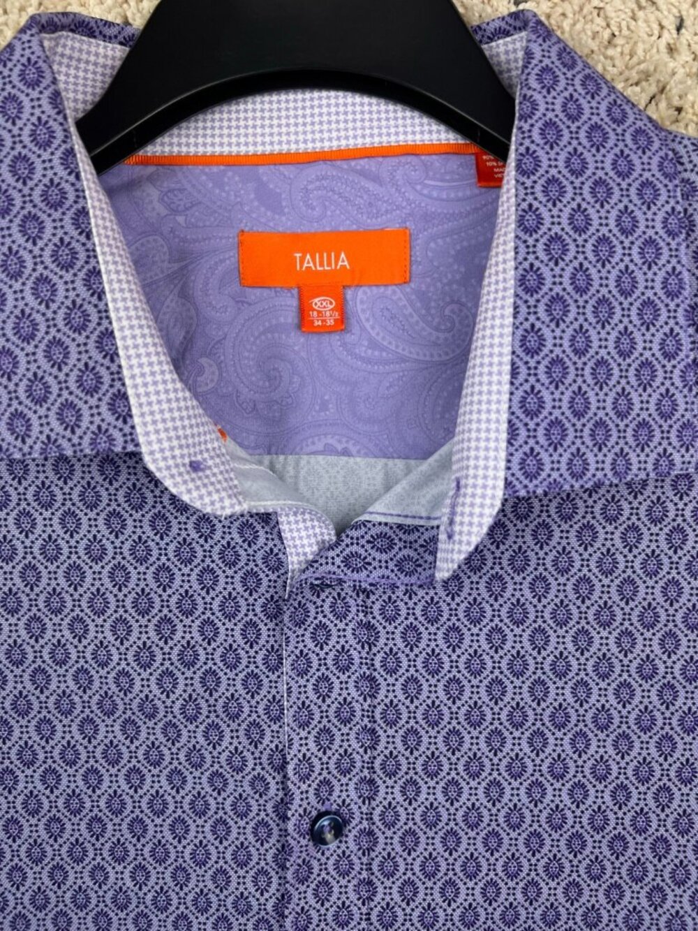 Tallia Purple Button Up Shirt 18/18.5 34/35 Geometric Print Polyspandex Stretch